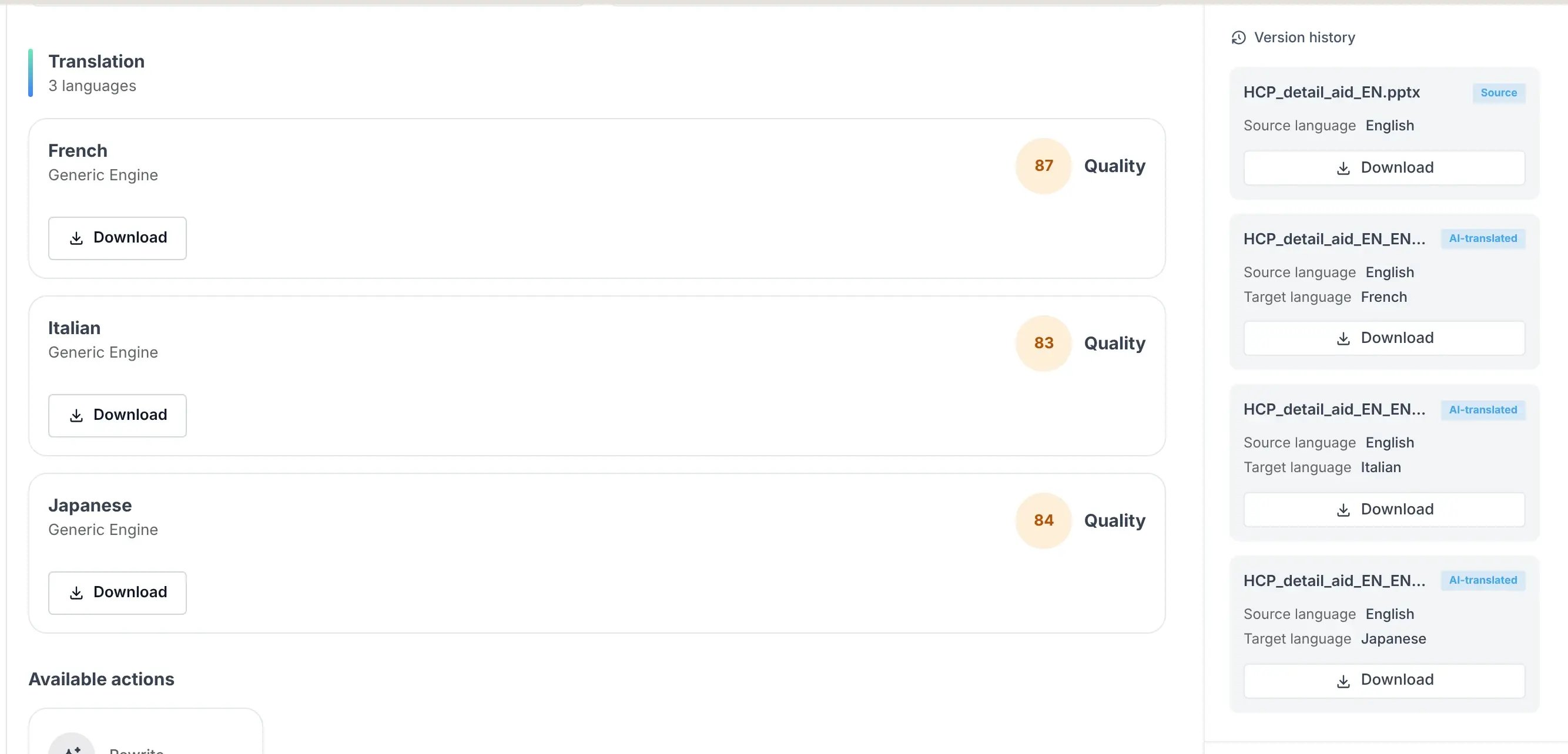 Three translations, each with its quality score, and every version in the version history