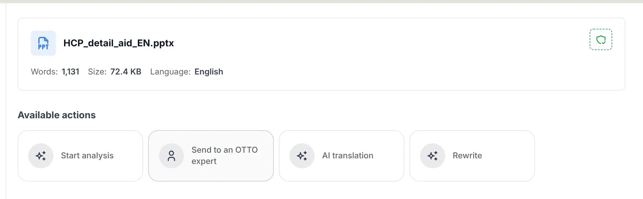 Available actions on a document, including Send to an OTTO expert