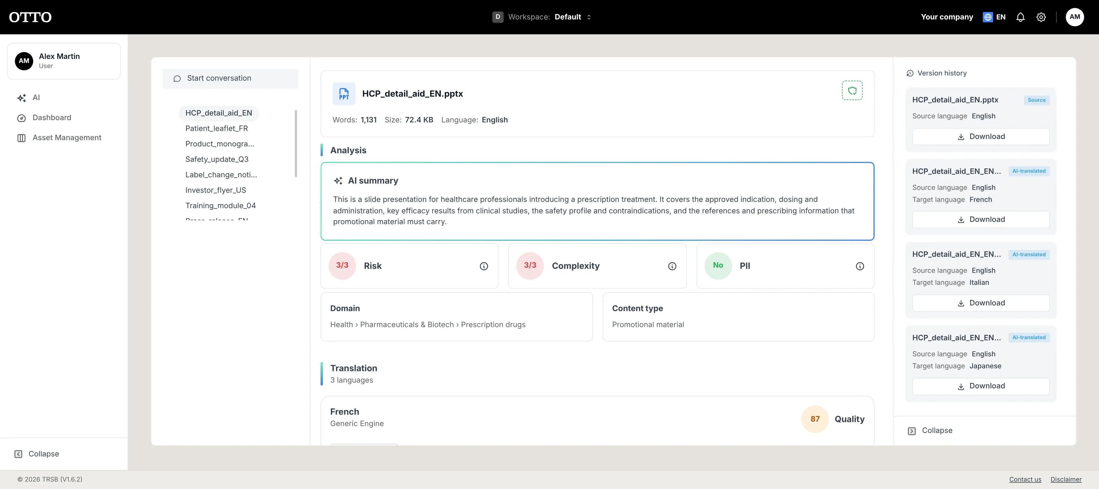 The OTTO app: a document with its analysis, three scored translations and the version history