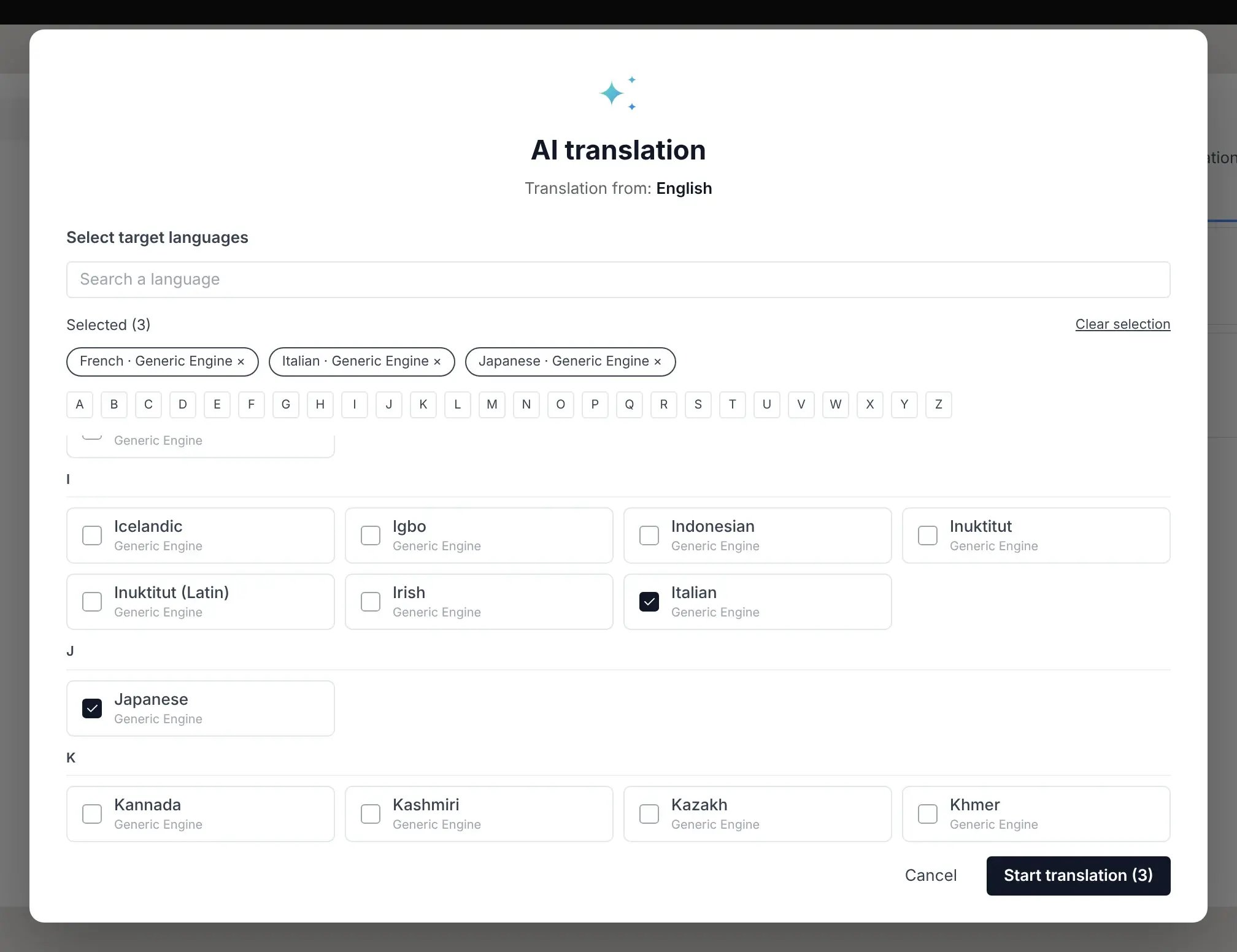 AI translation: French, Italian and Japanese selected from the language list