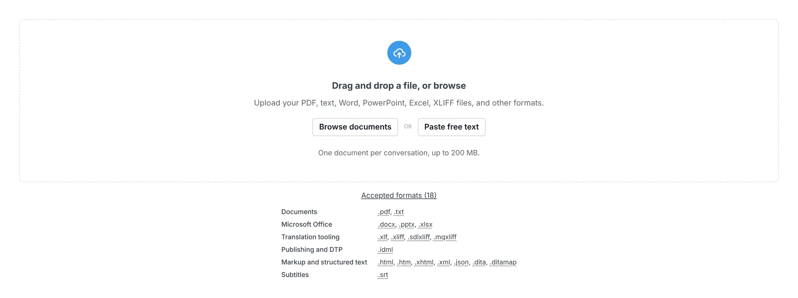 Upload screen: drag and drop a file, with the 18 accepted formats from PDF and PowerPoint to XLIFF